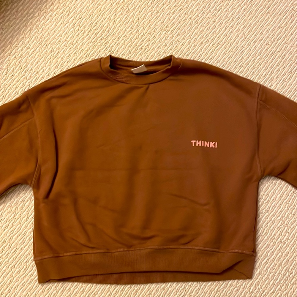 Zara Brown Crew Neck Sweatshirt with Pink ‘Think’ Logo on right side of chest